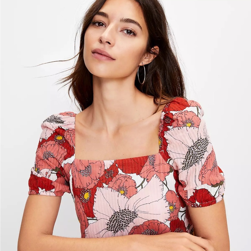 LOFT Red and White Smocked Puff Sleeve dress